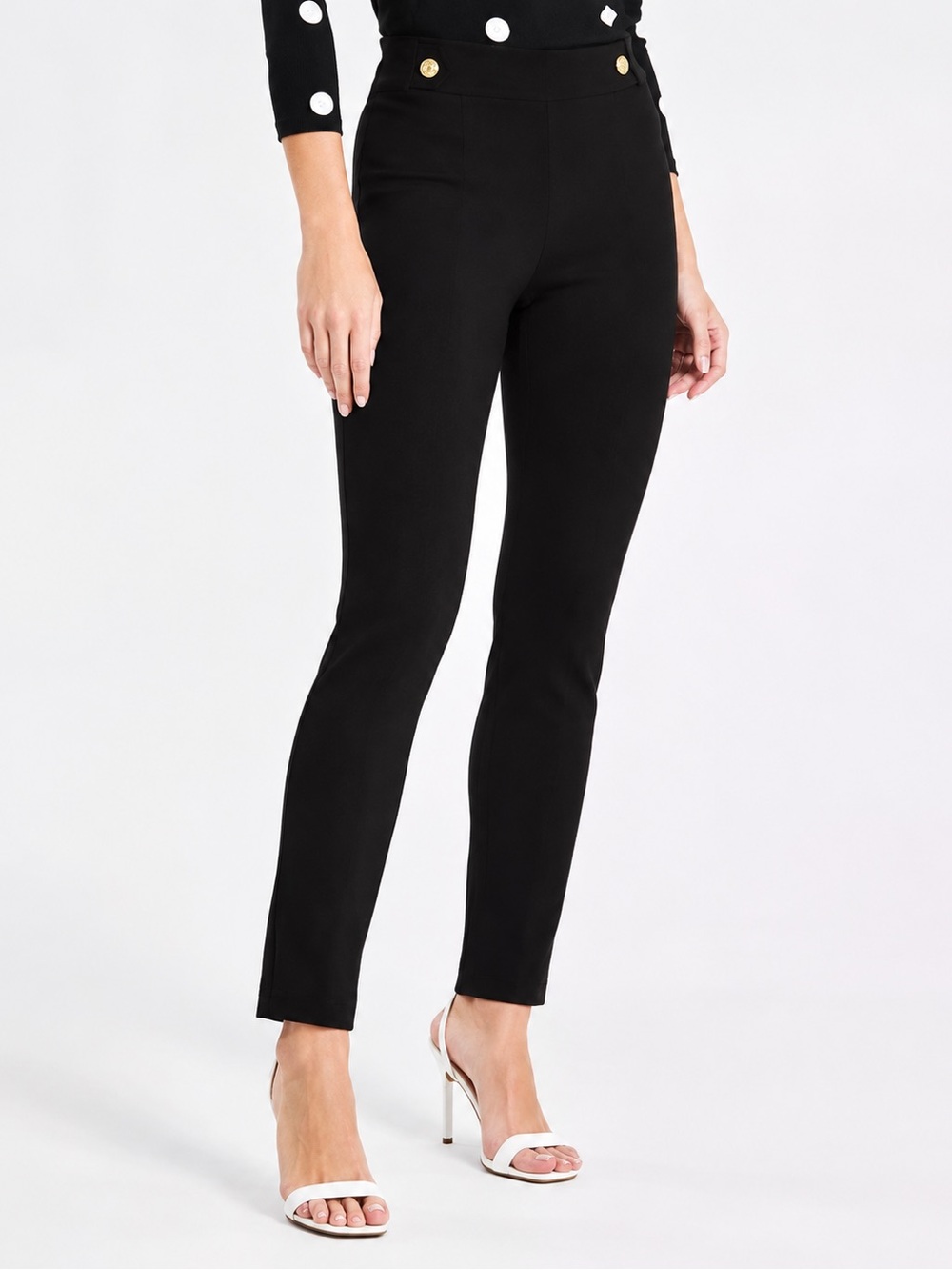 NWT Anne Klein Black Ponte Pull On Pants Gold Button Elastic Waist Sz 12
